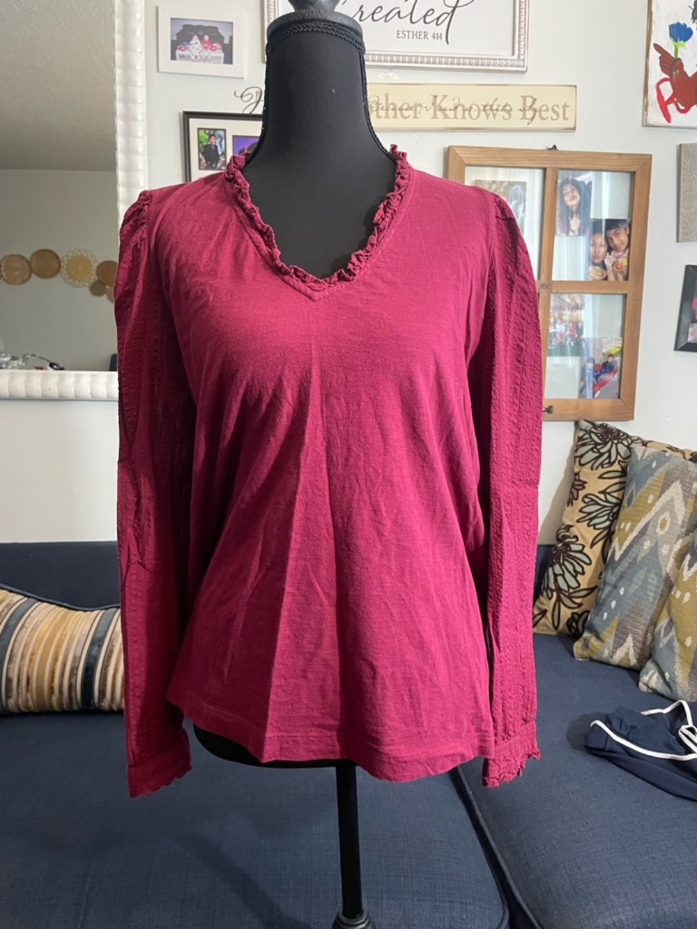 LOFT Ruffled V-Neck Long Sleeve Top - Berry